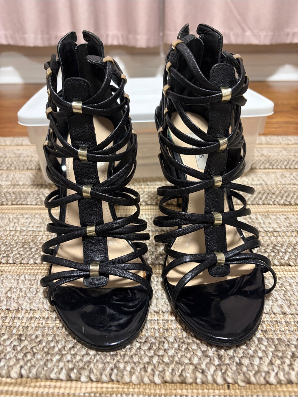 Guess Black Strappy Gladiator High Heel Sandals with Gold Accents